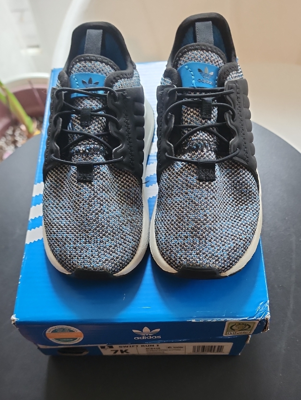 Adidas Originals X_PLR J sneakers in a grey and blue knit pattern with elastic l
